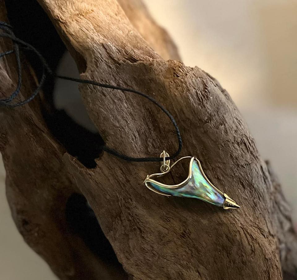 Gold & Natural Wild Paua Pearl Tooth Pendant